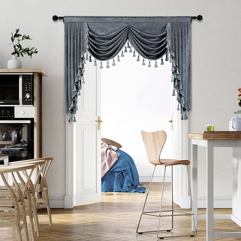 ELKCA Thick Grey Chenille Window Curtains Valance for Living Room Swag Waterfall Valance for Bedroom,Rod Pocket (W59inch, 1 Panel) - Image 1